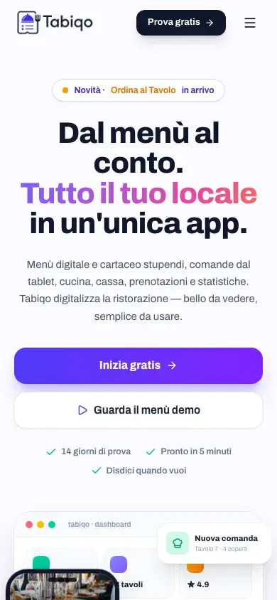 Screenshot mobile della homepage di Tabiqo
